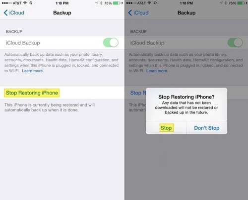 Interrompi il ripristino immediatamente per risolvere il problema "Puoi installare questo aggiornamento quando il tuo iPhone ha terminato il ripristino dal backup di iCloud."