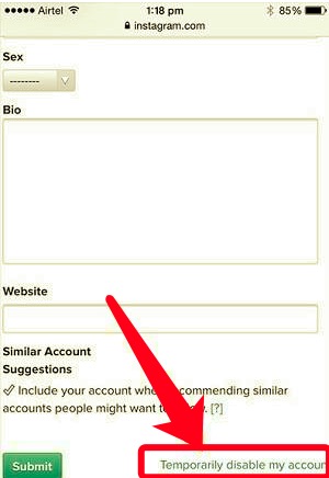 Disattiva temporaneamente l'account Instagram tramite browser web