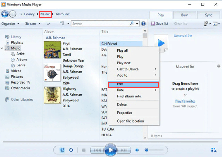 Modifica MP3 Windows 10 utilizzando Windows Media Player