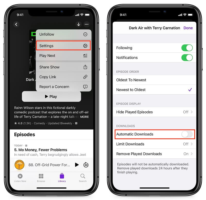 Disattiva i download automatici per eliminare i podcast da iPhone