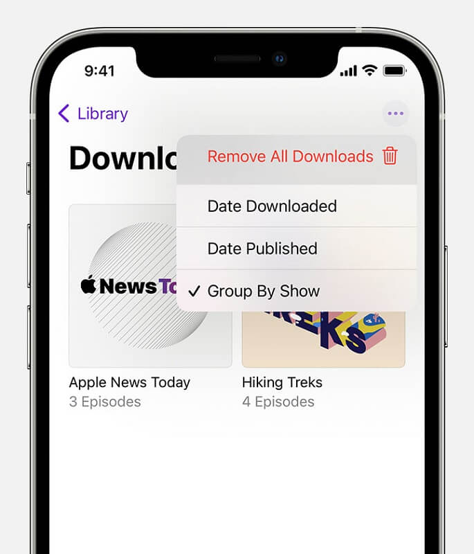 Scegli Rimuovi tutti i download per eliminare i podcast da iPhone