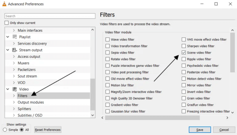 Scegli Filtro scena per creare fotogrammi video acquisiti in VLC Media Player