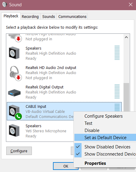 Imposta l'altoparlante come dispositivo audio principale su OBS