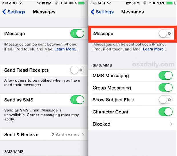 Disattiva e riattiva Imessage